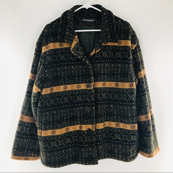 Sandro Jackets & Blazers - Vintage Sandro Sport Fleece Green Tan Pattern Poly Pile Collar Button Up Jacket